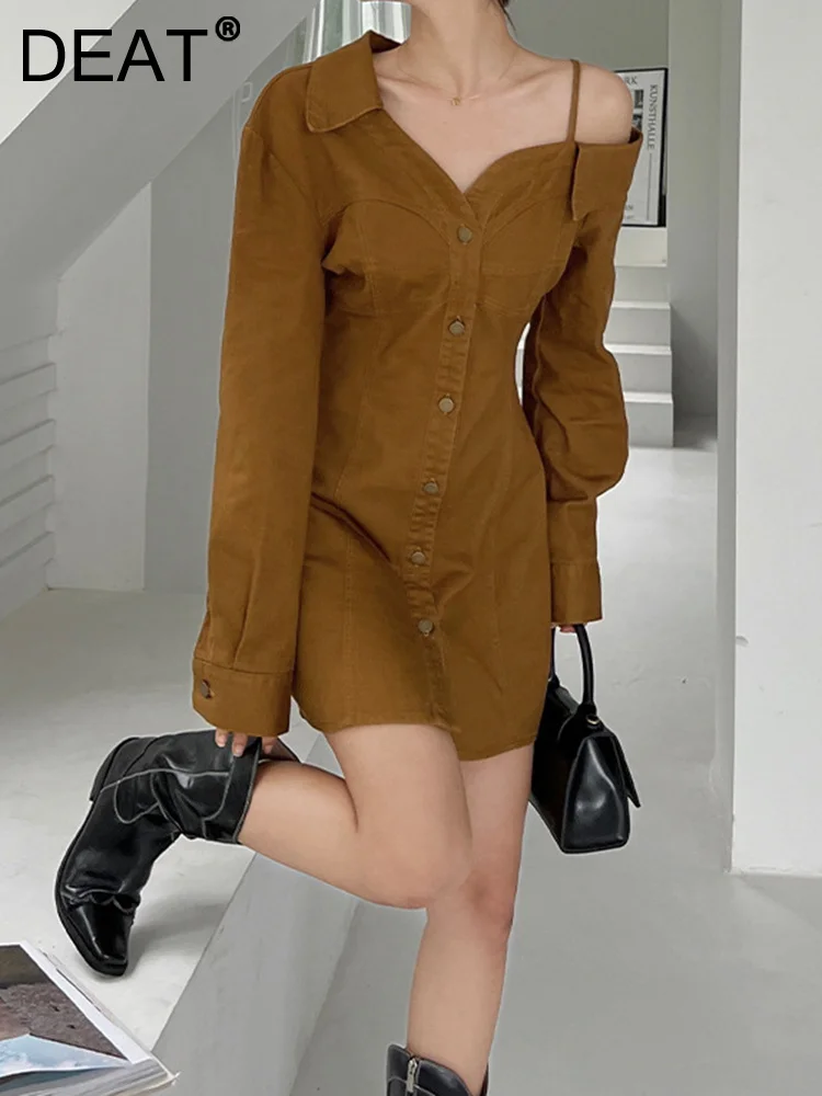 

Fashion Women's Dress Camisole Off Shoulder Asymmetrical Long Sleeve Single Breasted Waist Dresses Spring 2023 New 17A7046