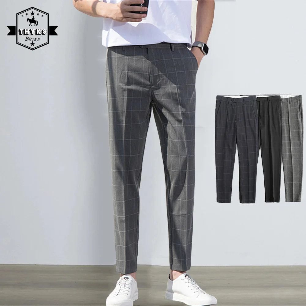 Plaid Trousers Men's Summer Thin Suit Pants Youth 9 Points Korean Casual Ice Silk Business Dress Pant Male Business Office Pants