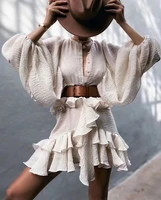 2021 new spring and autumn fashion womens round neck lantern sleeves ruffled pleated single breasted vintage retro dress
