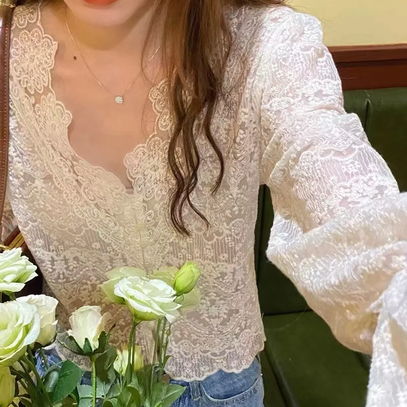 MiiiiX элегантная французская кружевная рубашка с длинными рукавами и v-образным