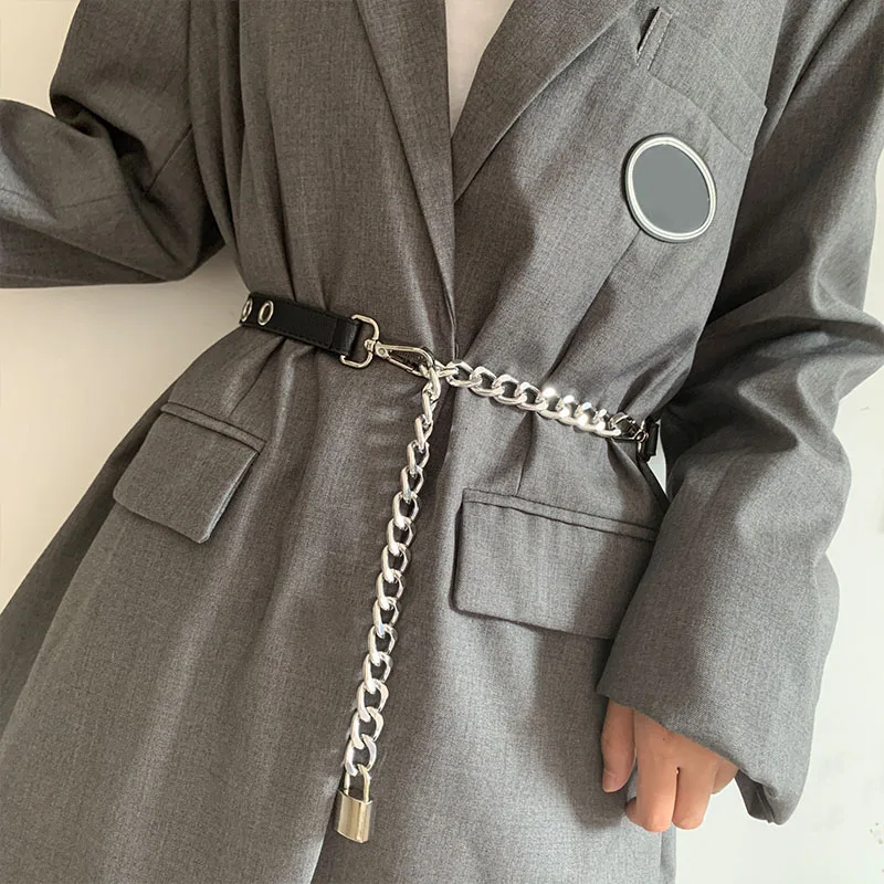 

Fashion Chain Belt for Women PU Leather Thin Waist Belt Silver Gold Lock Buckle Ladies Long Dress Belt Female Waistband