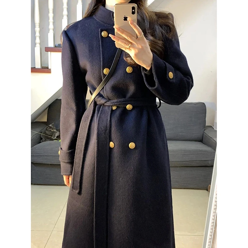 Осенне-зимнее твидовое пальто женское двубортное модное элегантное тонкое с