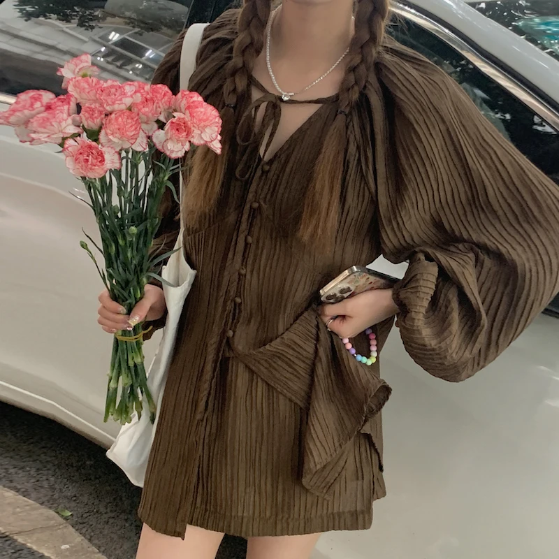 

Vintage Korean Retro High Street Lace Up Puff Sleeve Shirt + Skirt Suit 2 Pieces Sets Y2k Suit