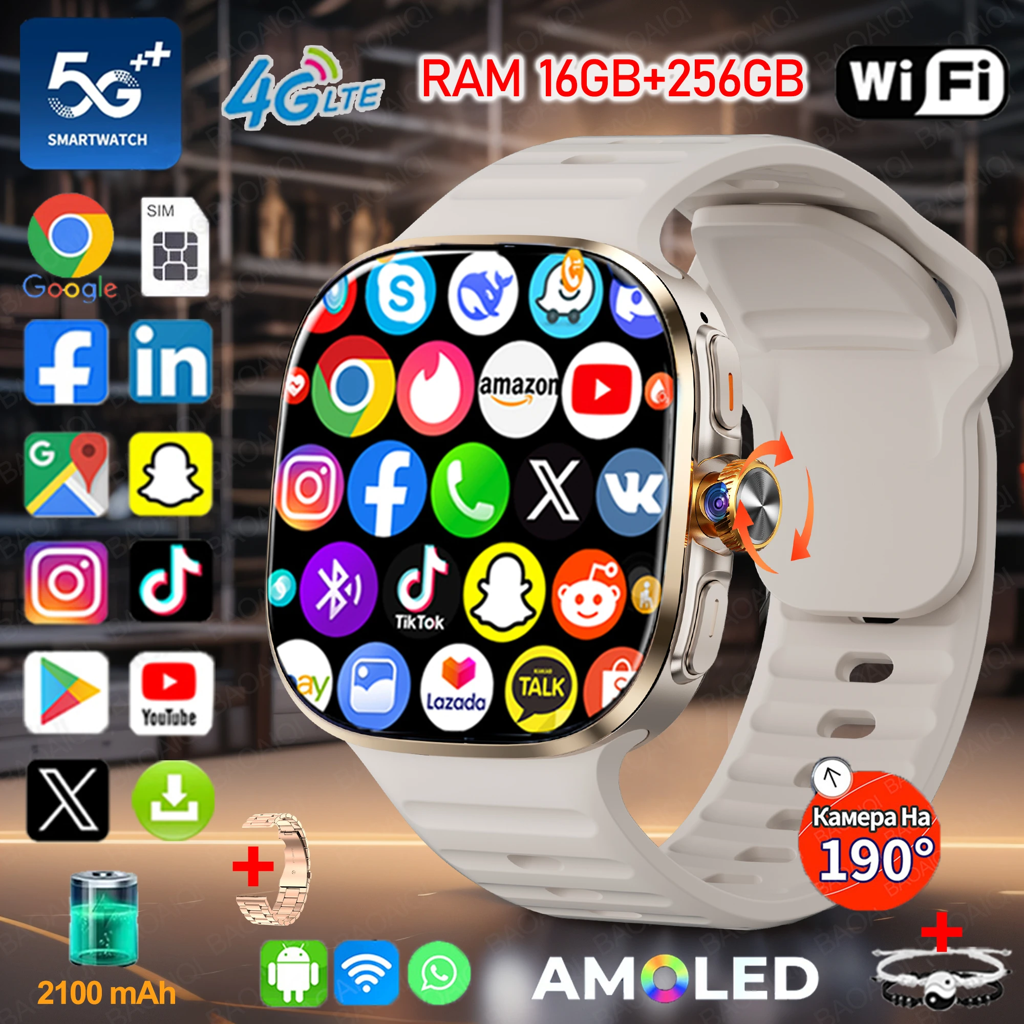 Фото Android 10 Smartwatch 2,4-дюймовый HD AMOLED-экран 16 ГБ + 256 ГБ ОЗУ 2100 мАч GPS WIFI NFC Tiktok Google APP Загрузка 4G/5G Smart Watch №1