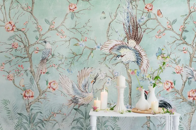 

Chinoiserie Wallpaper Peel and Stick | Watercolor Chinese Birds with Blossom Wall Mural