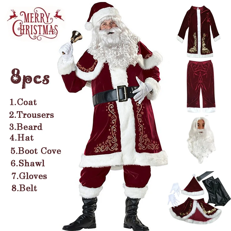 

Красный роскошный бархатный необычный набор из 8 предметов, семейный костюм для детей и взрослых, костюм Санта-Клауса, Рождественский косплей-костюм для взрослых