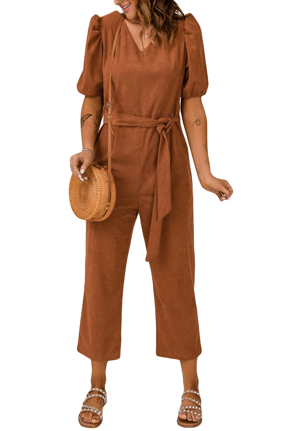 

Brown Tie Knot Puff Sleeve Straight Leg High Rise Jumpsuit for Women