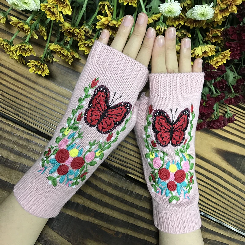 

Women Warm Fingerless Gloves Big Red Butterfly Flowers Pattern Knitting Thick Gloves Autumn Winter Thumb Hole Arm Warmers