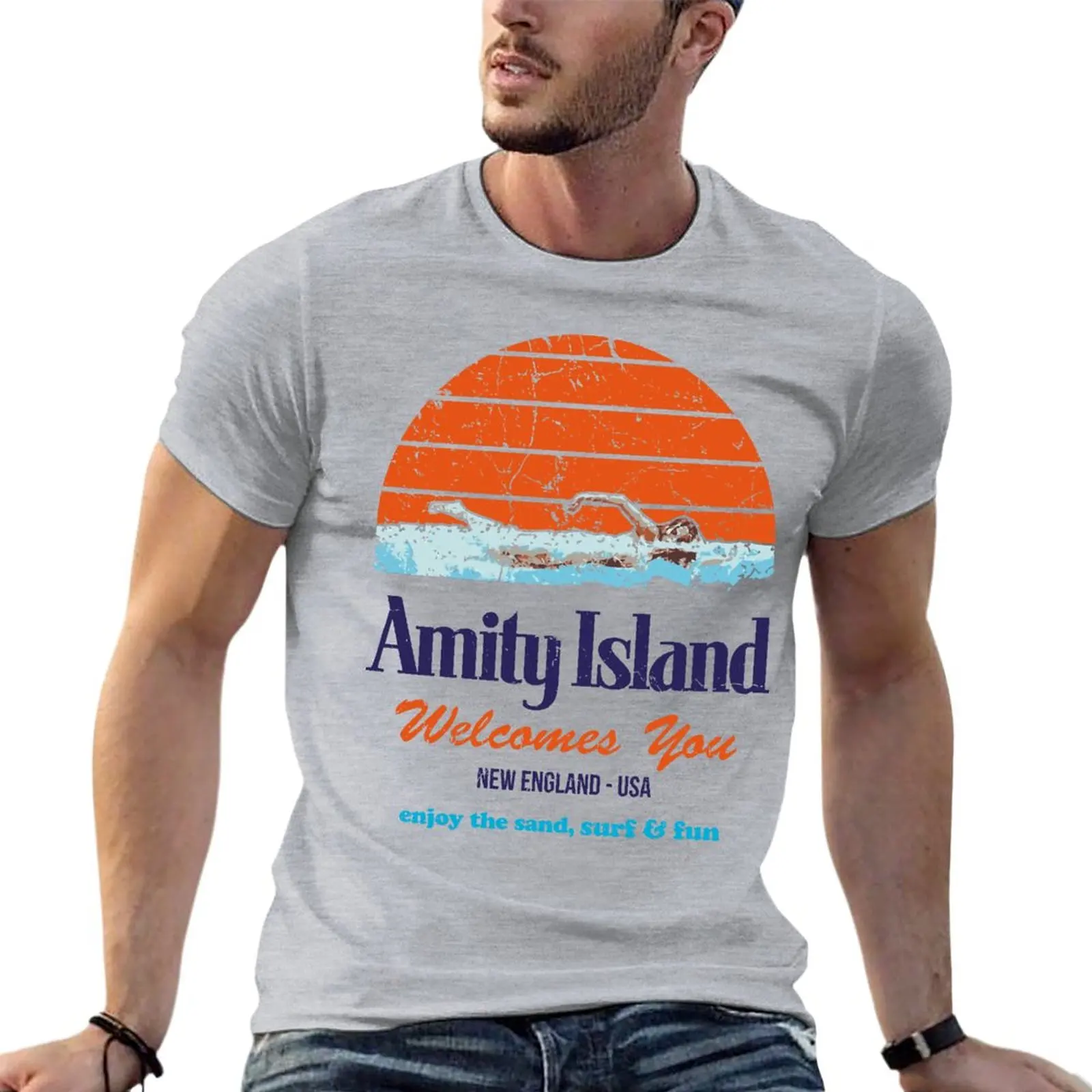 

Футболка с принтом Amity Island - Shark Jaws Quints, футболка большого размера с изображением героев фильмов в стиле ретро, мужская одежда из 100% хлопка, ул...