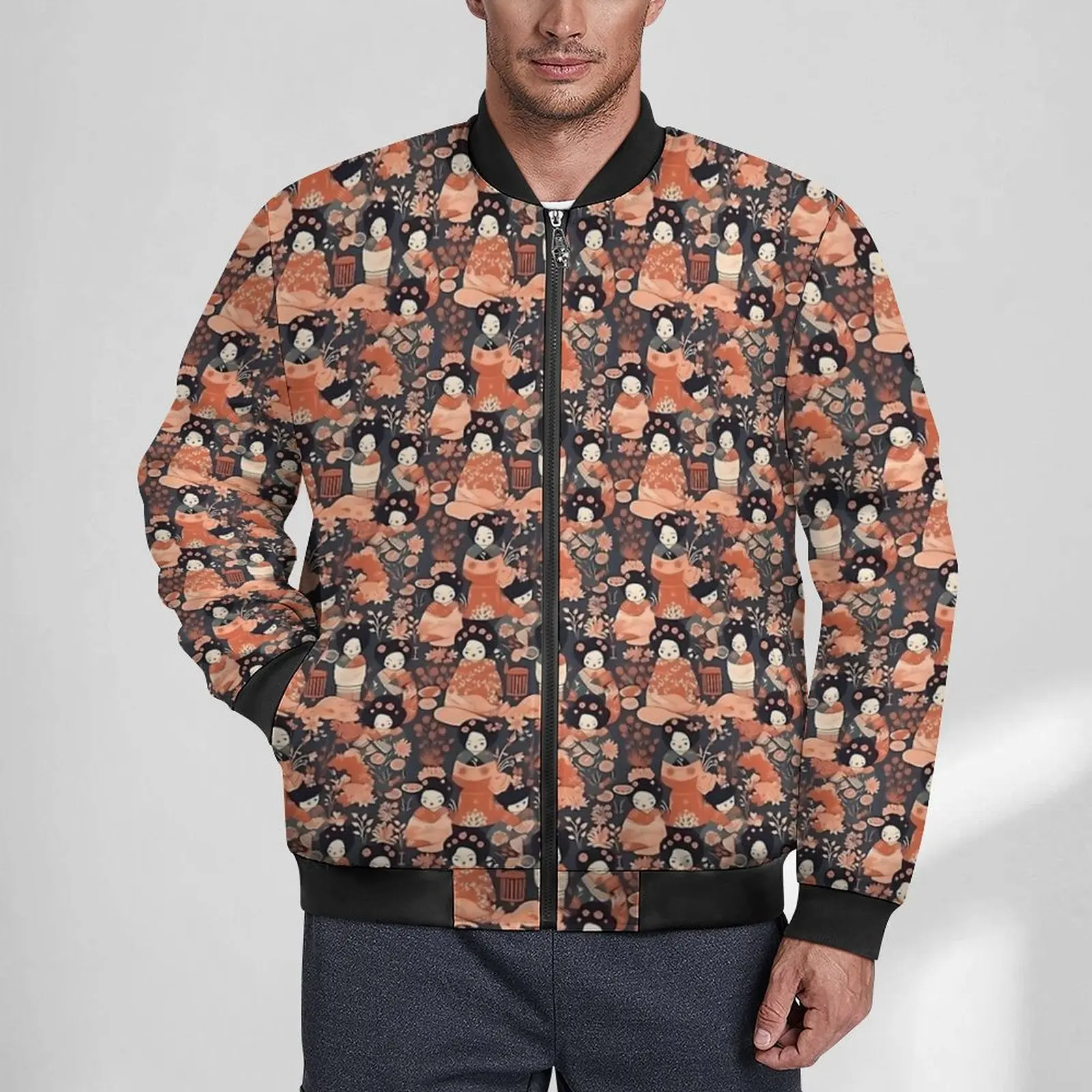 Japanese Dolls Kokeshi Kimono Casual Jackets Mens Coats Autumn Streetwear Jacket Zipper Graphic Outerwear Windbreakers