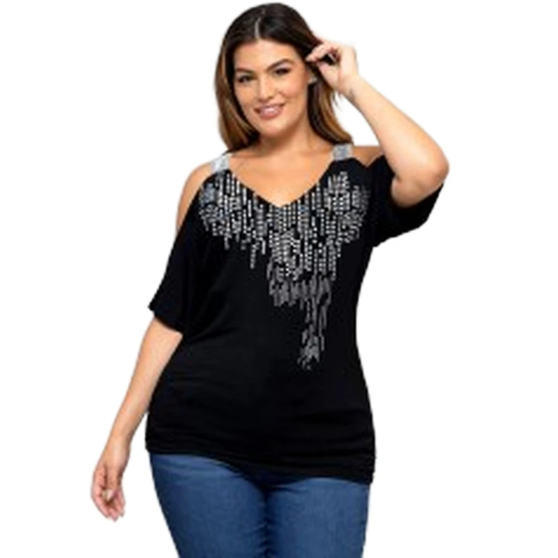 

Plus Size Sequins Cold Shoulder T Shirt Large Size Women Fashion Summer Tee Shirt Oversized Loose Curvy Women 4XL Peplum Tops