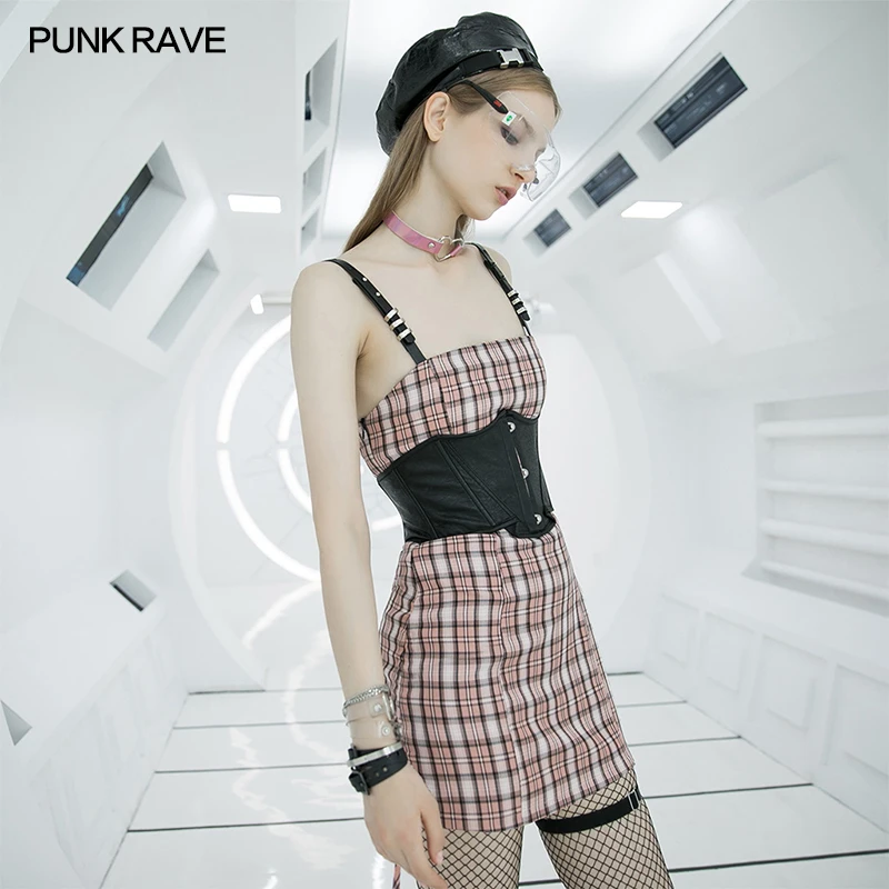 PUNK RAVE Women's Pink A-Line Short Dress Adjustable Leather shoulder strap Summer sexy female’s dress with back rope
