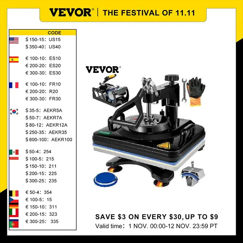 

VEVOR 12x15Inch 5 in 1 Heat Press Machine Multifunctional Digital Transfer Sublimation Swing-Arm for T-Shirt Caps Mugs Plates