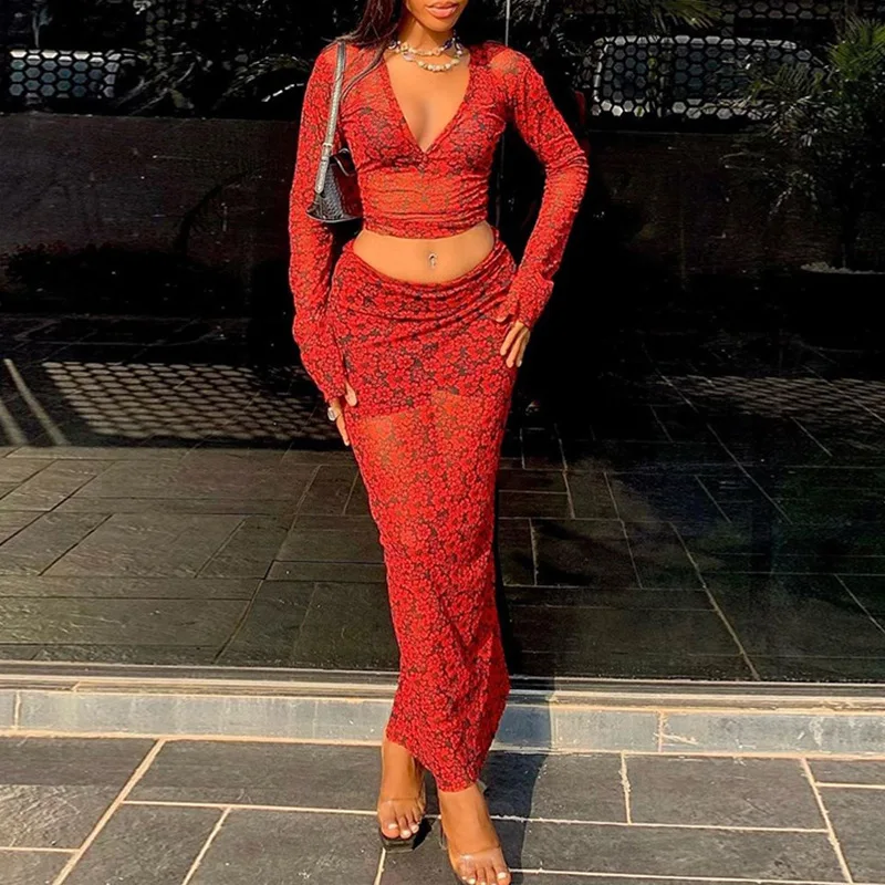 

Floral Print Two Piece Set Women Outfit Elegant Birthday Festival Outfits 2023 Autumn Long Sleeve Crop Top And Maxi Skirt Sets