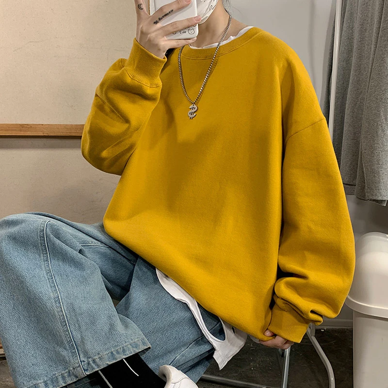 

Harajuku Sweatshirts Men 2022 Autumn Fashion Solid Color O Neck Oversized Pullover Korean Hip Hop Long Sleeve Basic GZY001