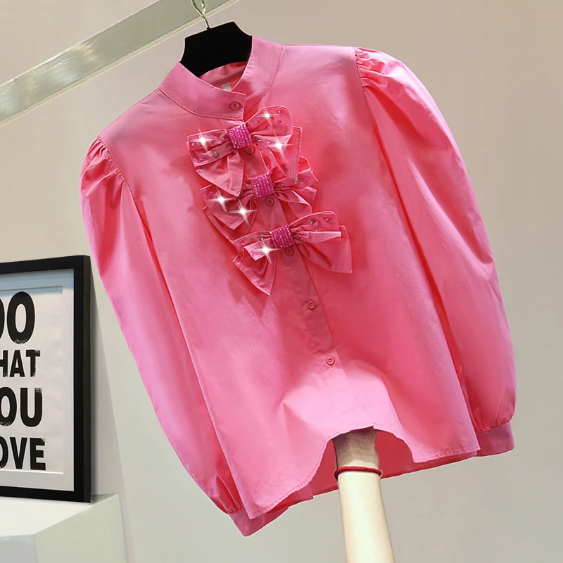 Женская блузка с длинными рукавами и бантом из бисера бриллиантов весна 2024 новая