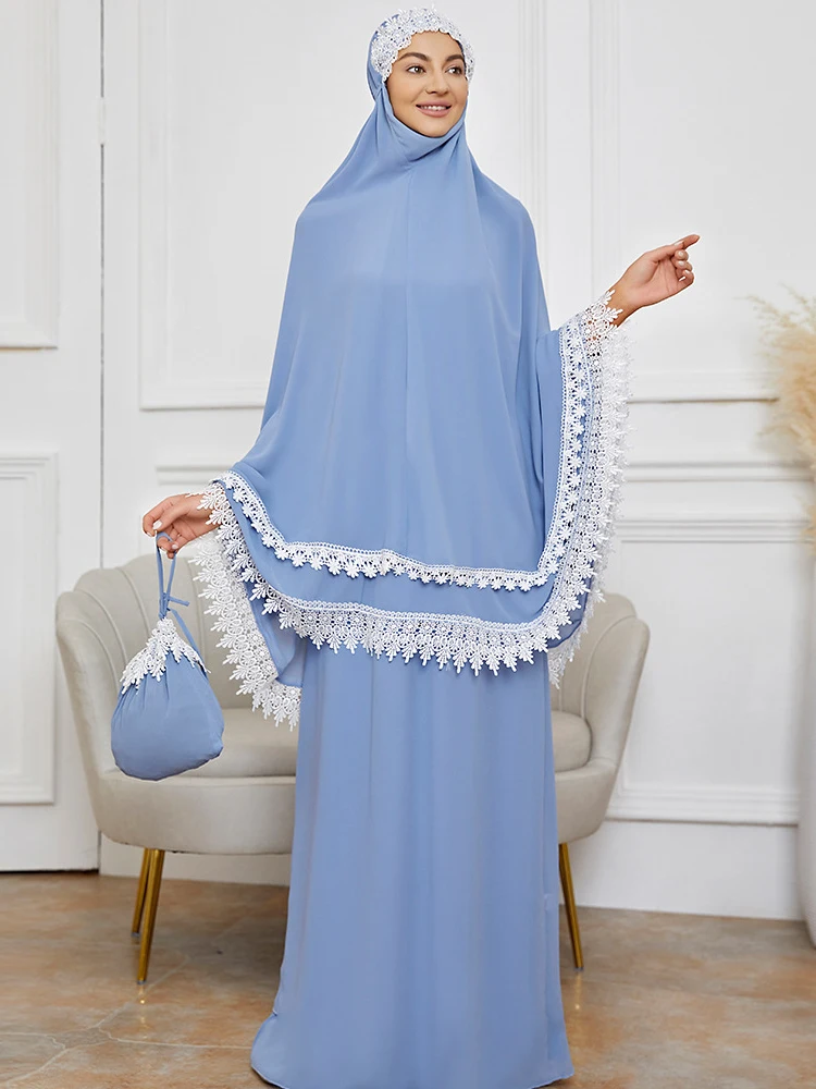 Белое Кружевное шифоновое платье из 2 частей, Молитвенное платье Дубай, саудовская мусульманская одежда с капюшоном, абайя и юбка, Рамадан, м...