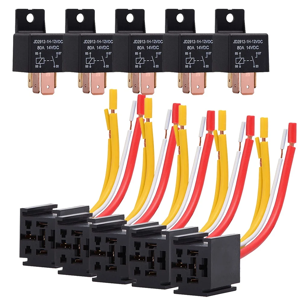 

4-Pin Relay with Harness Truck Motor Heavy Duty 80A On/Off Normally Open SPST Relay Socket Plug JD2912-1H-12VDC 14VDC