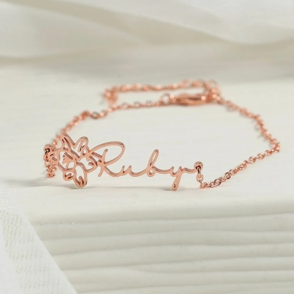 Flower Bracelet Personalized Birth Flower Custom Name Bracelets for Women Adjustable Stainless Steel Gold Jewelry Birthday Gifts