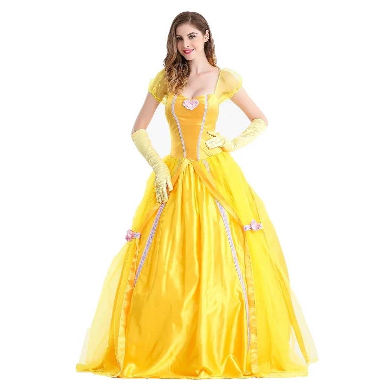 

Halloween Beauty And The Beast Yellow Princess Dress Adult Belle Costumes Cosplay Party Masquerade Bell Court Queen Roles Suit