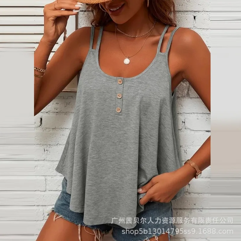 

Double Strap Buttoned Criss Cross Tank Top Women Sleeveless Solid Color O Neck Sexy Camis Tanks Tops Sexy Summer