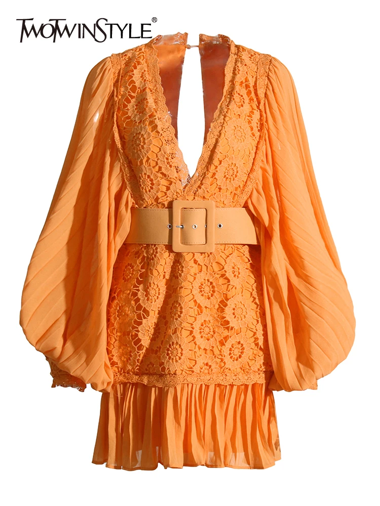 

Женское Повседневное платье TWOTWINSTYLE, однотонное мини-платье с v-образным вырезом, рукавами-фонариками и высокой талией