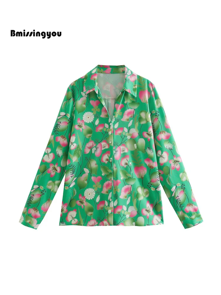Bmissingyou Green Flower Print Women Casual Shirt Single Breasted Long Sleeve Loose Fits Ladies Blouse Tops 2023