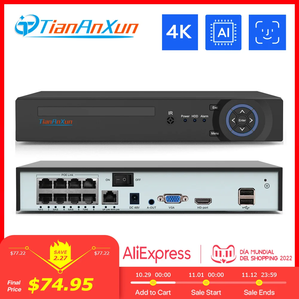 Продажа Видеорегистратор Tiananxun 4K Poe Nvr 8 Мп, система видеонаблюдения H.265, сетевое видеонаблюдение с функцией обнаружения лица и аудио для Ip-камер Onvif