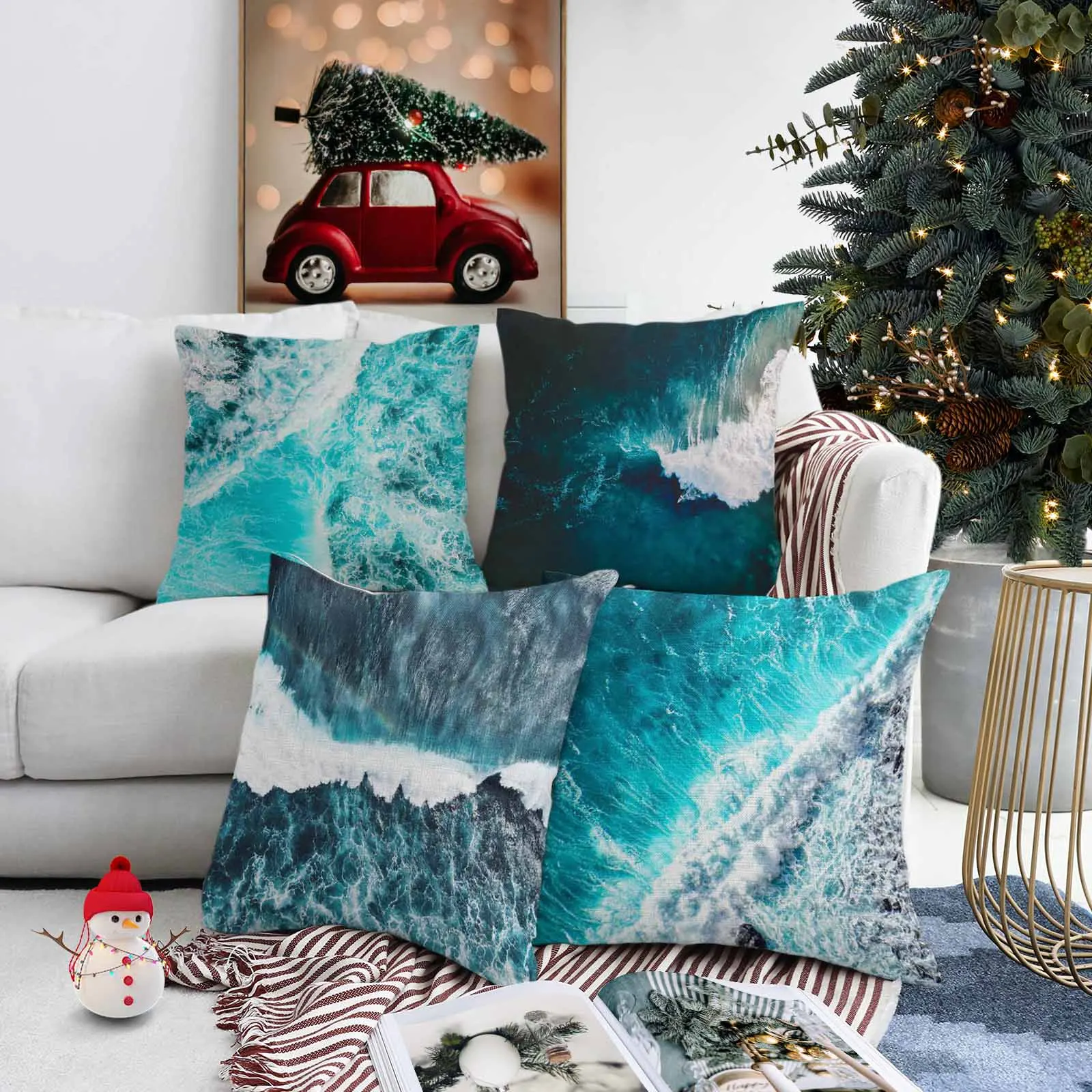

Cushion Set of 4 Ocean Waves Oil Painting Throw Pillows Cases Sofa Home Decor Window Seat Decorations Pillow Cover