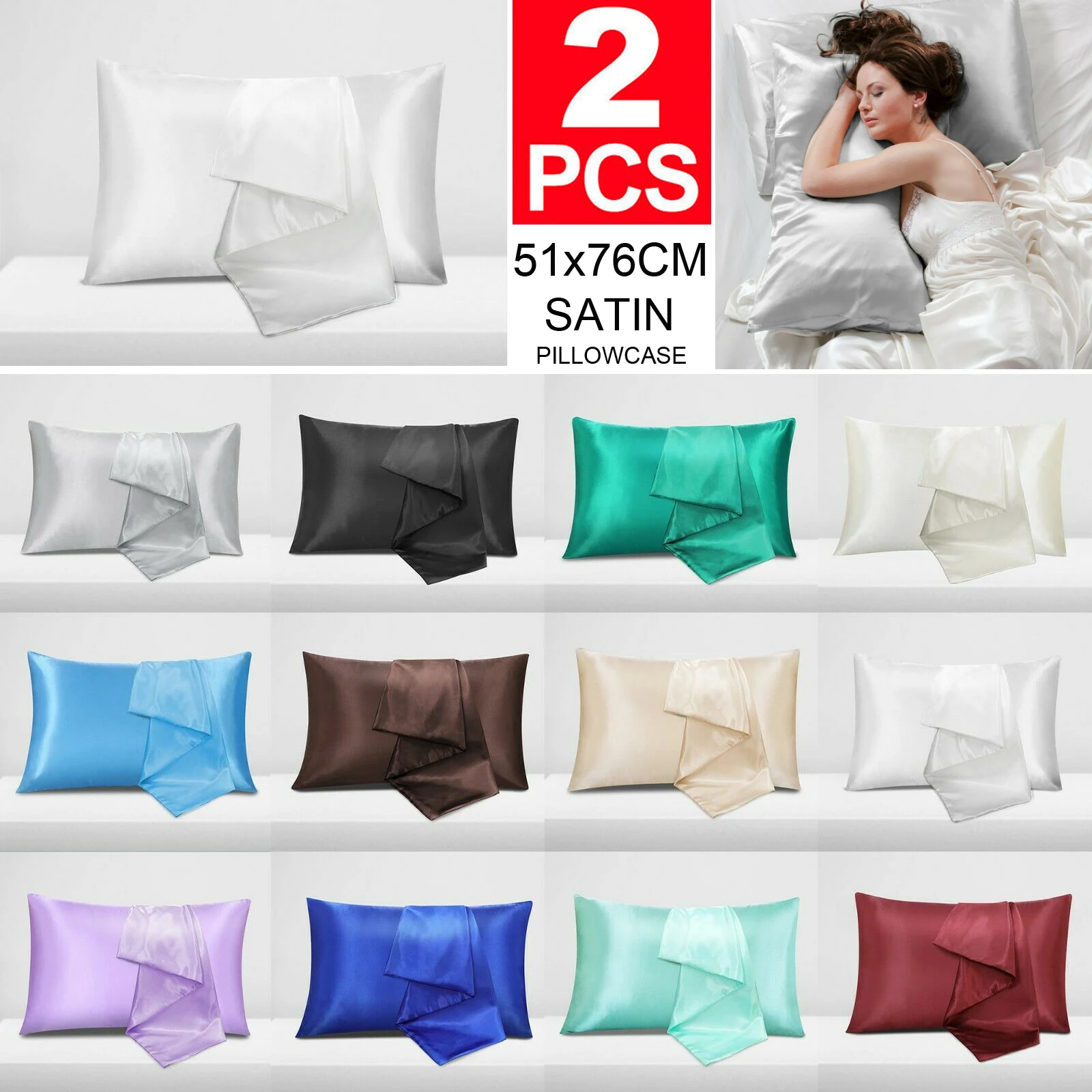 

2X Satin Pillow Case 51x76cm 20*30" Bedroom Pillowcase Silk Feel Hair Care Cushion Cover Luxury Slip Queen Size Home Decor
