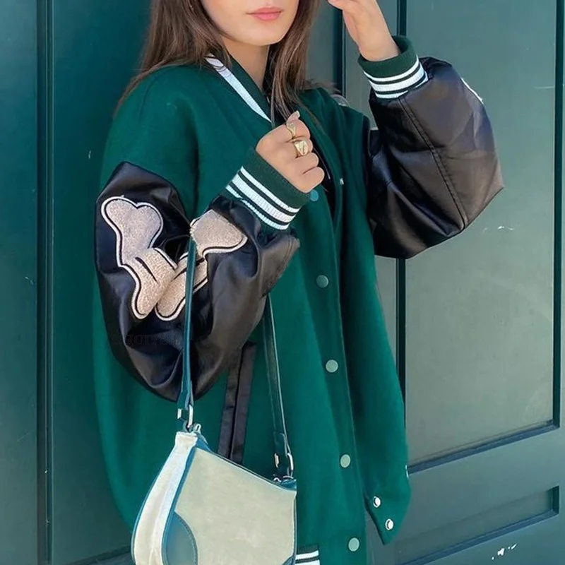 

2022 Women's Baseball Uniform Leather Sleeve Stitching Bone Embroidery Single Breasted Autumn and Winter New Thickened Jacket