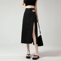 high quality plus size side slit denim skirt womens summer sweet and slim visual heightened a line black bag hip denim skirt