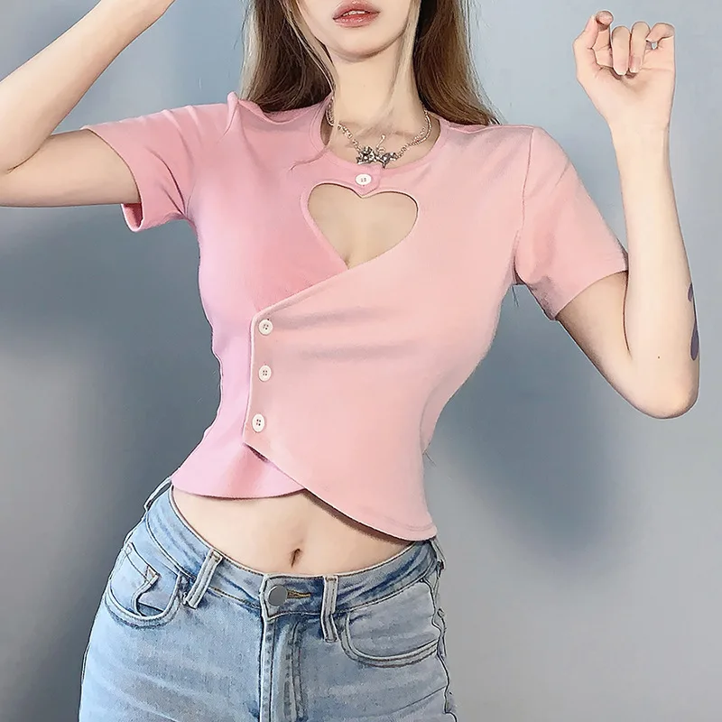 

Summer new women's clothing y2k 2022 pink slim fit, hollow, love, navel, fashion short-sleeved T-shirt women's top