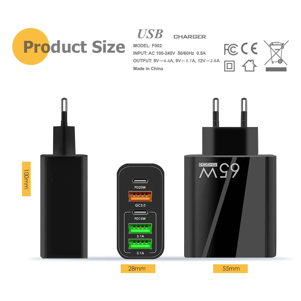 Быстрый зарядной устройство Olaf 65W USB Charger с поддержкой QC 3.0 и PD для iPhone Samsung Xiaomi Mobile с 5-ти портовым адаптером EU US UK Plug для путешествий.
