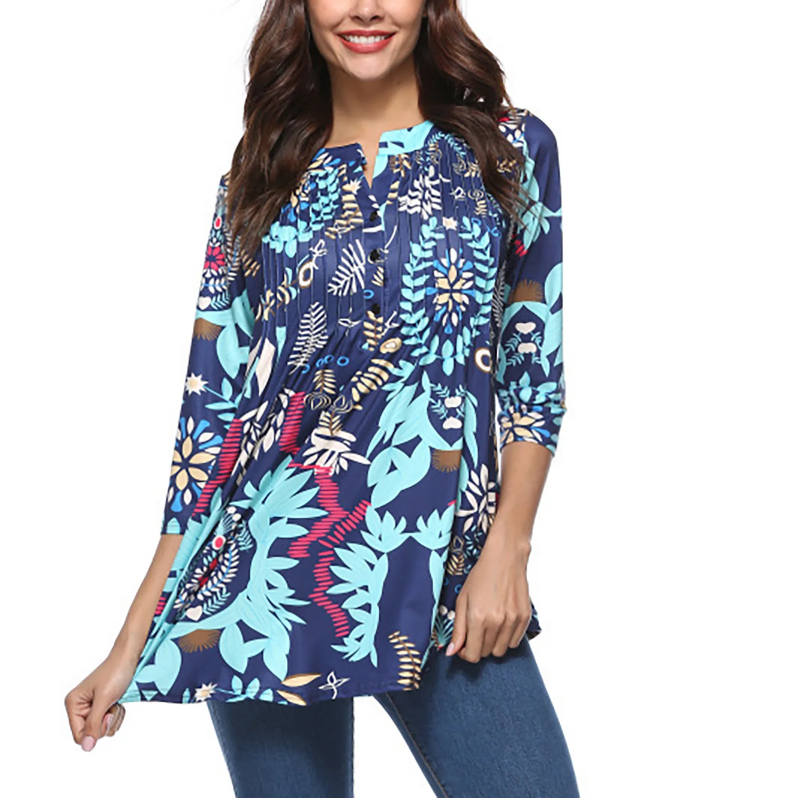 

Женская плиссированная блузка на пуговицах с цветочным принтом и рукавом 3/4