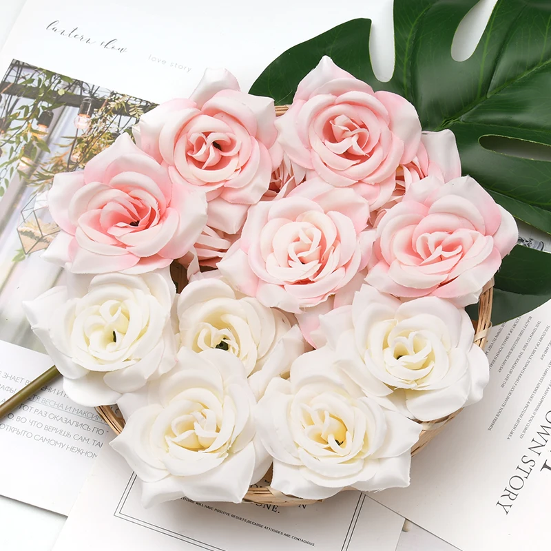 

50pcs/7cm-8cm Artificial White Rose Silk Flower Heads For Wedding Decoration DIY Wreath Gift Box Scrapbooking Craft Fake Flowers