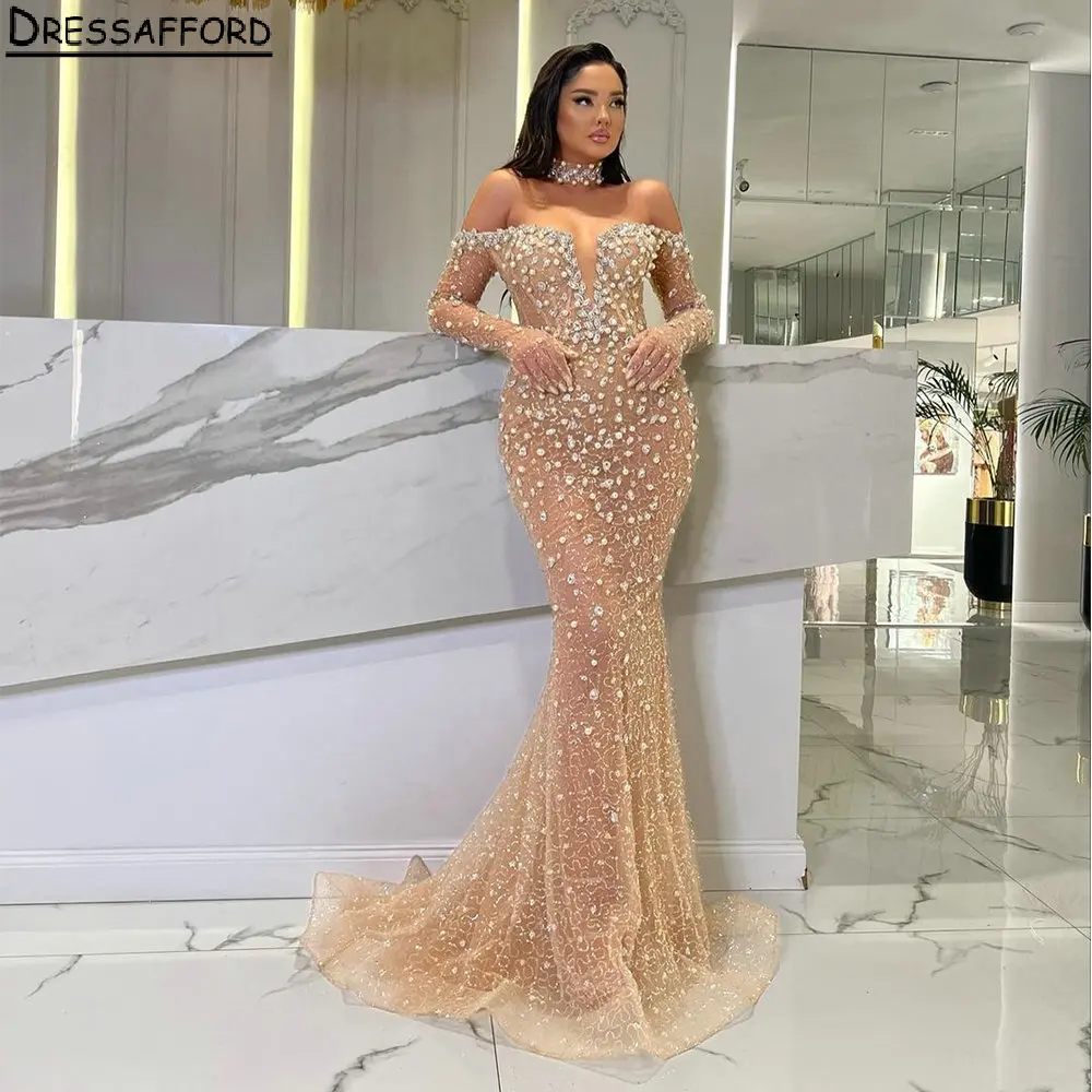 

Champagne Diamonds Beading Illusion Dubai Evening Dresses Mermaid Long Sleeve Off The Shoulder Saudi Arabic Formal Party Gown