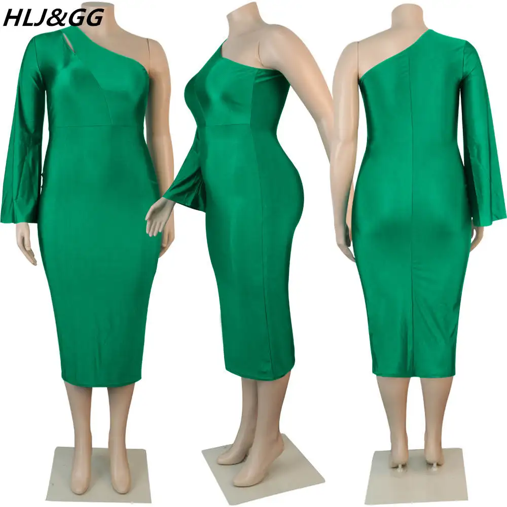 HLJ&GG Elegant Lady Satin One Shoulder Sleeve Party Club Dresses Plus Size Women Clothing 2XL-5XL Fashion Solid Hollow Mid Dress