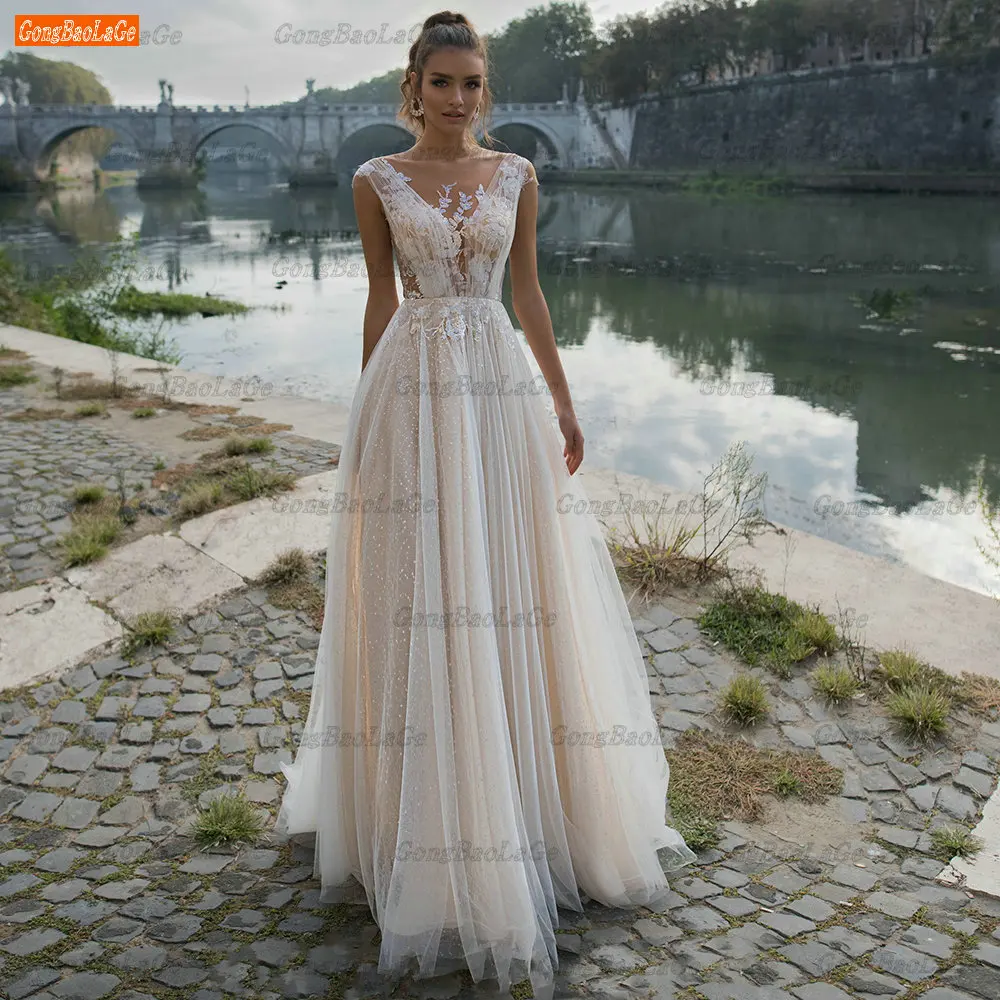 

Блестящее свадебное платье в стиле бохо, 2022, белые свадебные платья, трапециевидная юбка из фатина с аппликацией, индивидуальный пошив, свад...