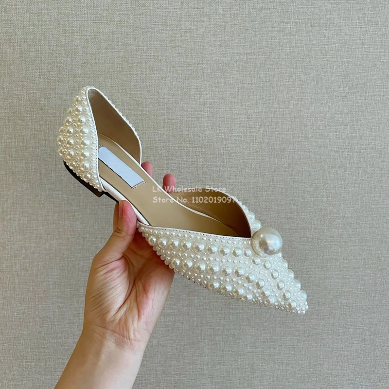 

Women Pearls Embellished Sandals Flat Heel Pointed Toe Slip on Casual Mules Casual Sandals Cover Heel Wedding Shoes Size 34-42