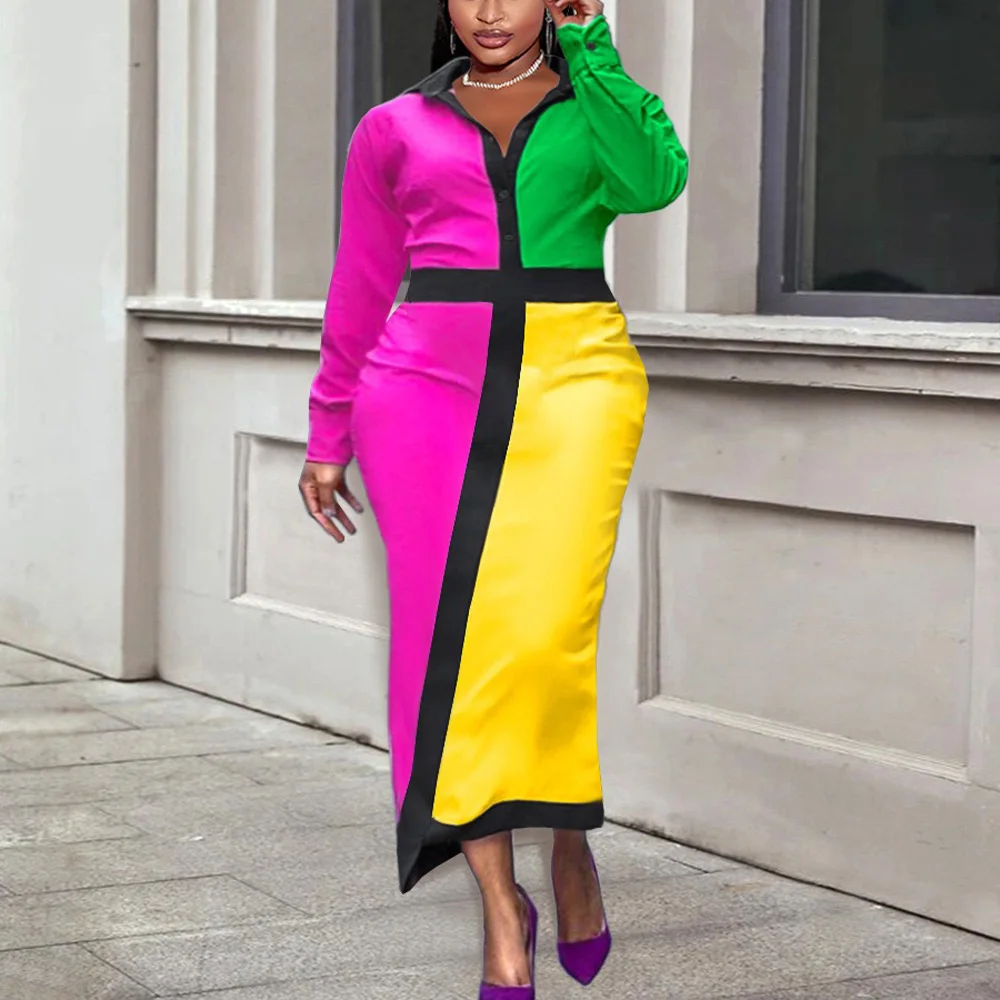 

Elegant Shirts Dresses for Women Turn Down Collar Full Sleeve Single Breasted Fashion Color Block Evening Party Dinner Vestidos