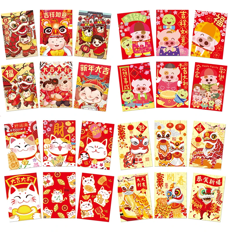 12pcs Cartoon Childrens Gift Money Packing Bag Red Envelope Spring Festival Hongbao 2022 Chinese Tiger Year Festival Supplies