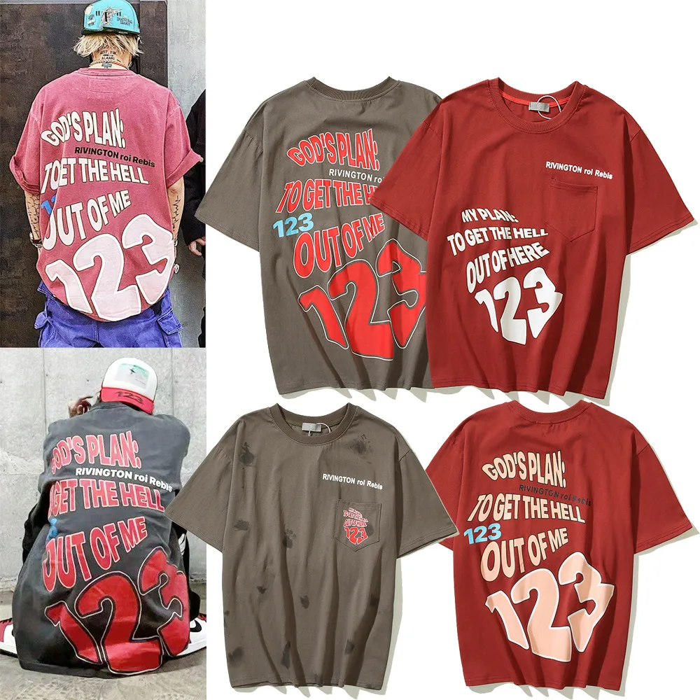 

Fashion Brand Hip Hop Retro Nostalgic Printed Pocket Loose Short Sleeve T-shirt 123 Men and Women Couple Bottoming Shirt T-shirt