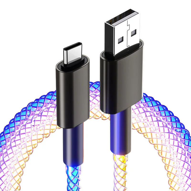 

1m 6A Fast Charging Cable RGB Gradient Dazzling Light USB to Type C Micro USB Data Cable For Huawei Samsung Xiaomi Phones