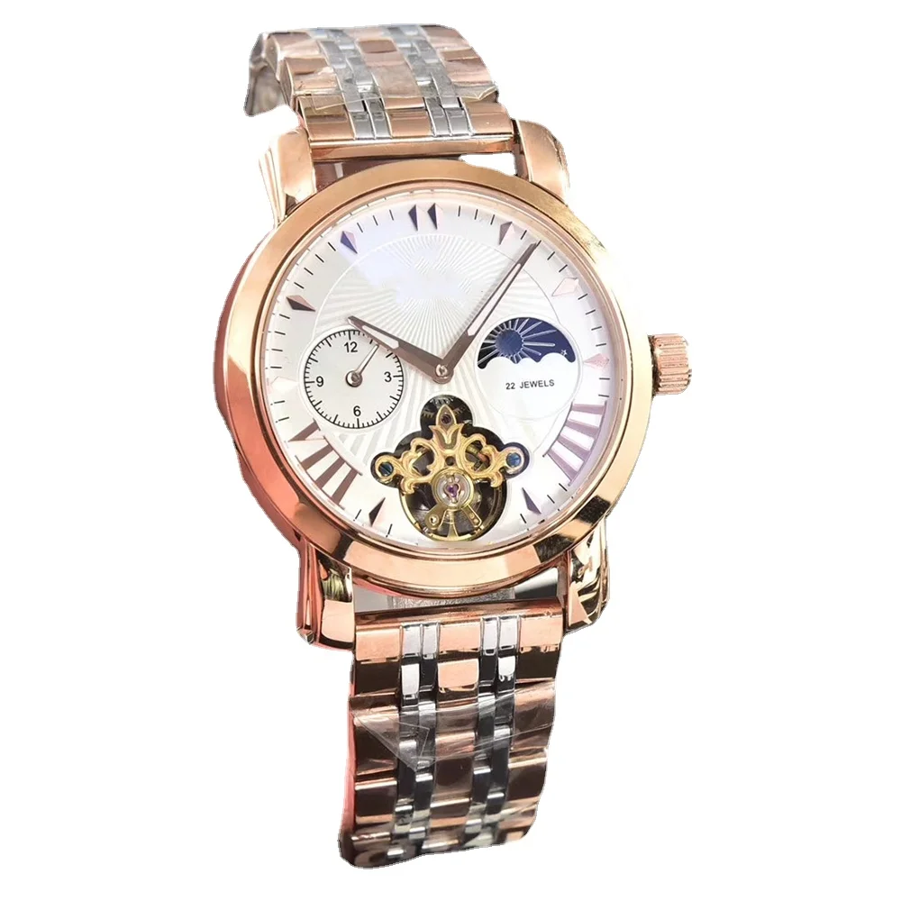 

Мужские механические часы, автоматические черные кожаные фазы Луны tourbillion