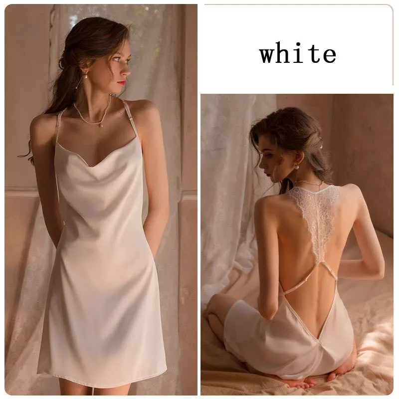 Sexy pajamas Nightgowns Lace backless thin satin sleepwear suspender nightdress for women Homewear Lingerie