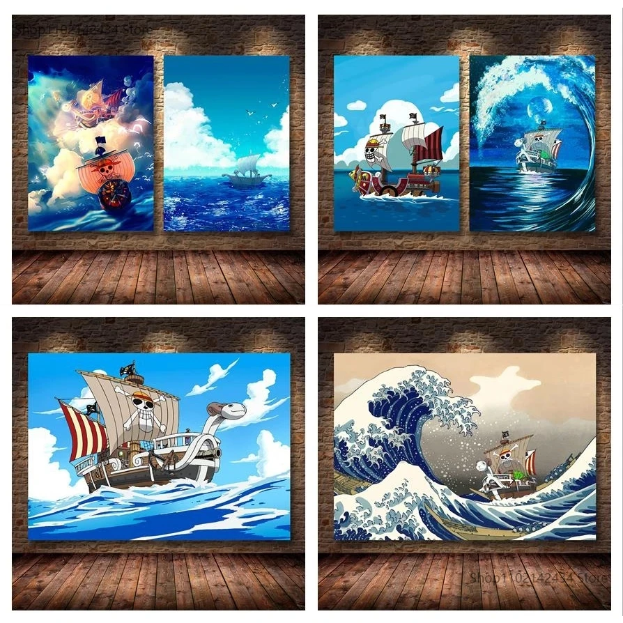 

Wall Art Home No Frame Decor Anime One Piece Picture Pirate Ship Poster Kanagawa Canvas Painting Bandai Nursery Painting Gifts