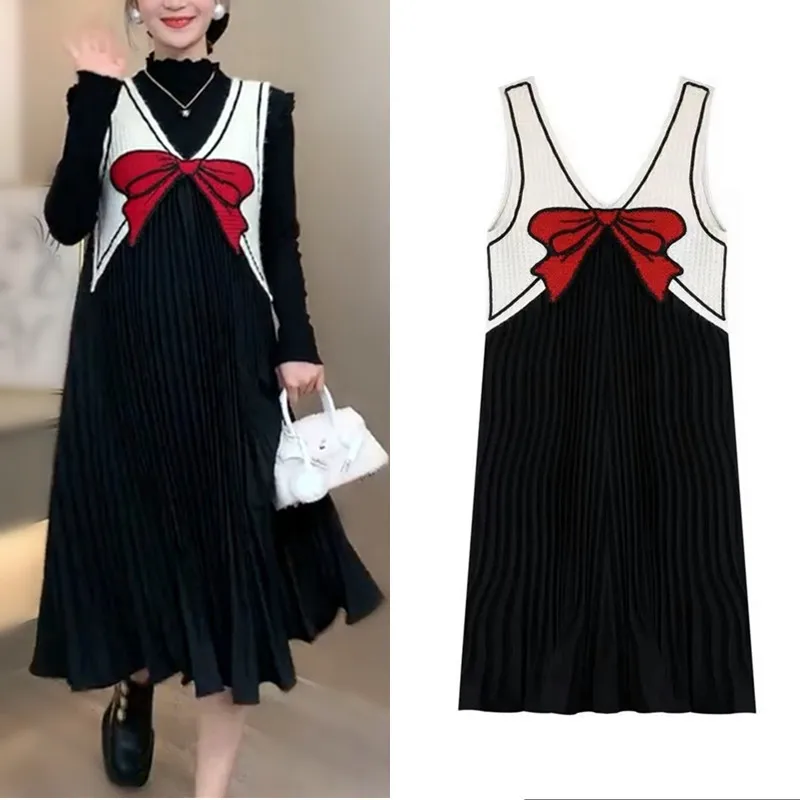 

Spring Autumn Woman Fashion Unique Ladies Big Bows Knitted Sleeveless Pleated Patchwork Dresses Party Cute Vestidos Dress NS898