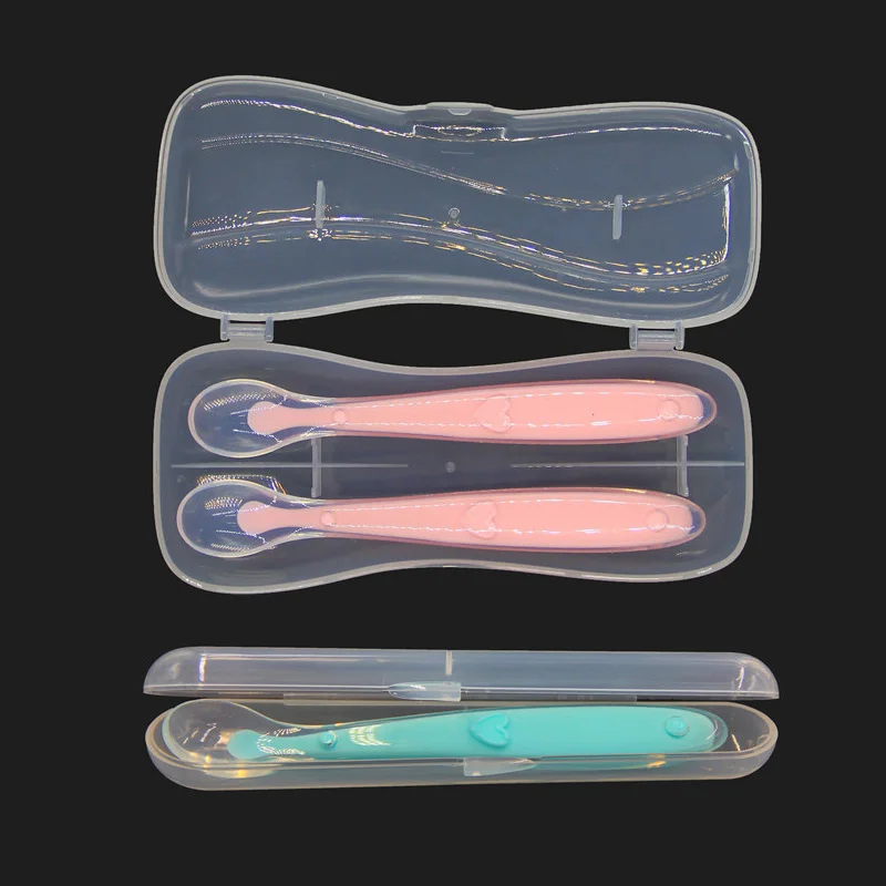 Baby Soft Silicone Spoon Storage Box Candy Color Temperature Sensing Spoon Children Food Feeding Dishes Feeder Appliance box