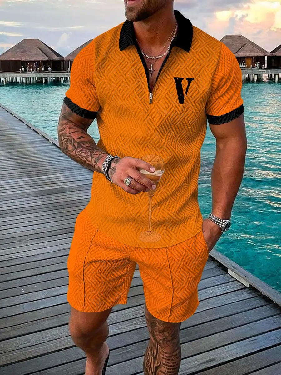 Summer Men's Polo Collar Tracksuit Fashion Trend 3D Printed Suit Street Beach Casual Pullover Shorts Set Men's Two Piece Set